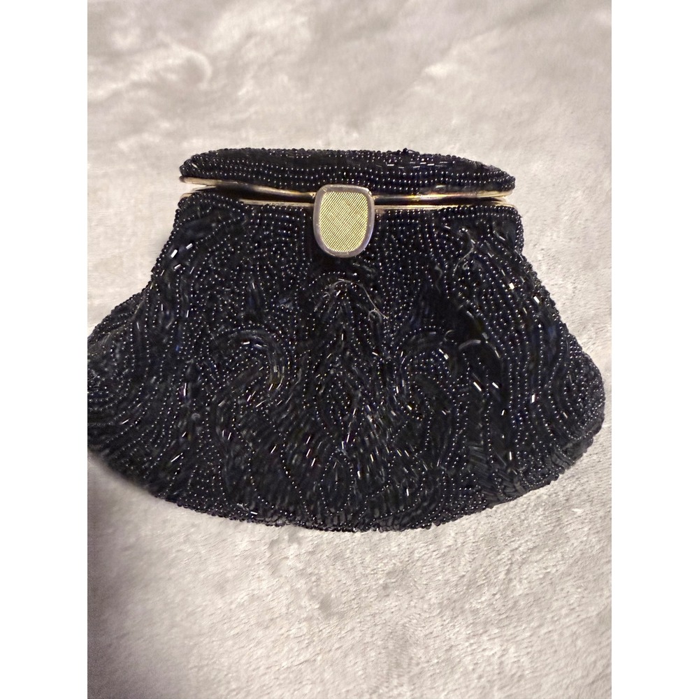 Vintage Black Beaded Evening Clutch Purse Gold Frame Formal Bag